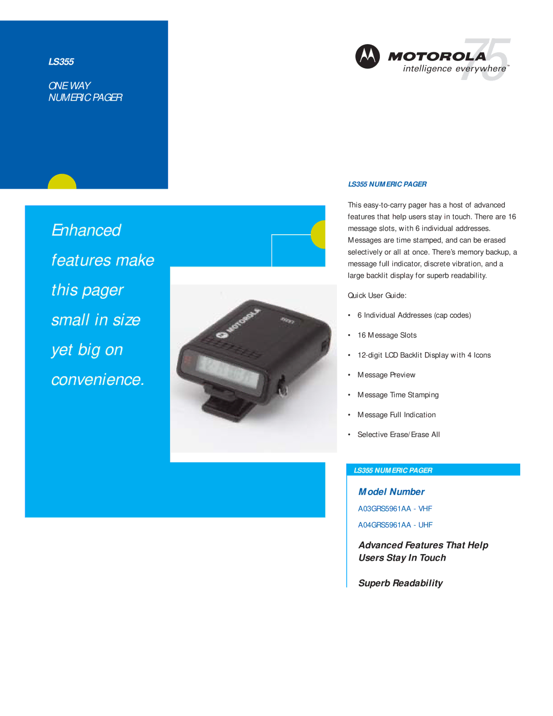 Motorola manual LS355 Numeric Pager 