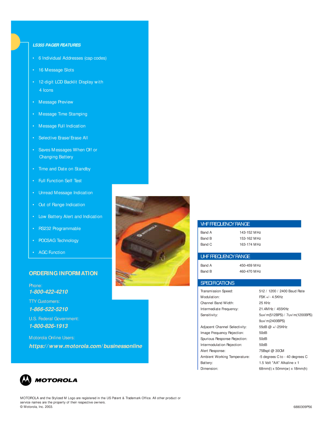 Motorola LS355 manual Ordering Information, VHF Frequency Range, UHF Frequency Range, Specifications 