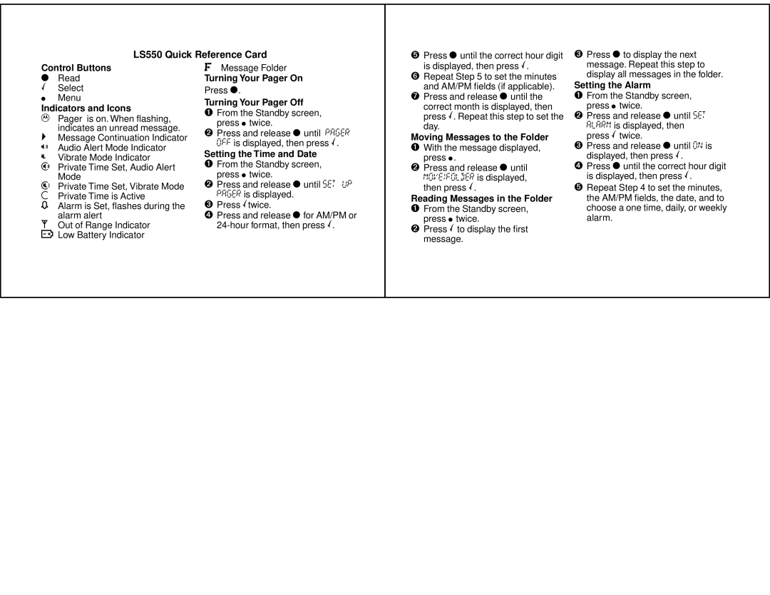 Motorola manual LS550 Quick Reference Card 