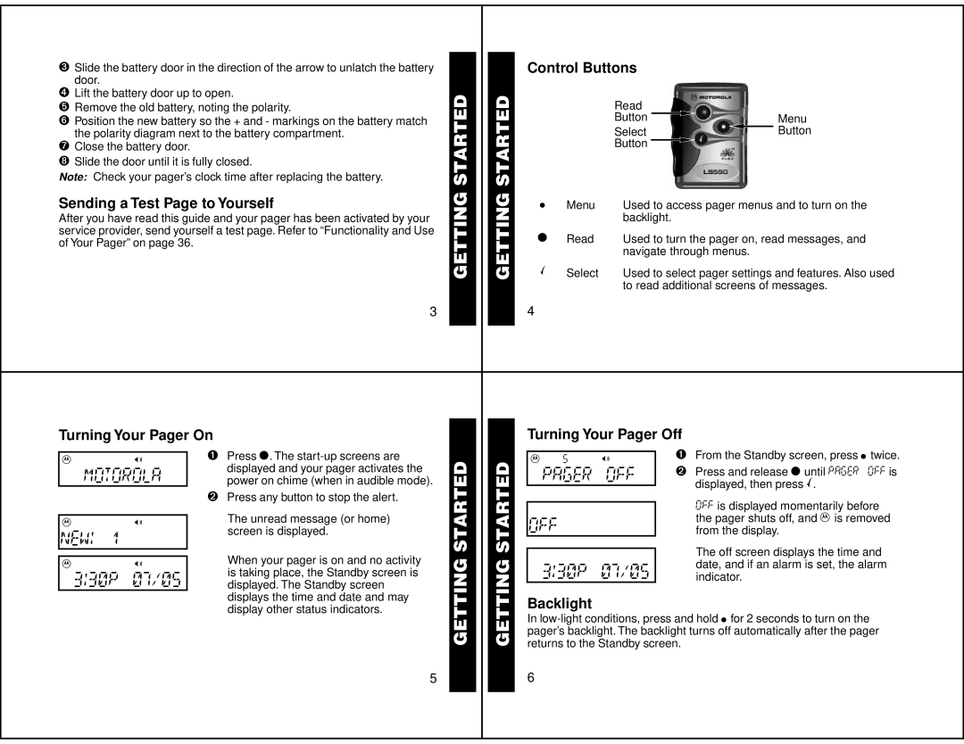 Motorola LS550 manual Getting Started, Motorola, Pager OFF, Off 