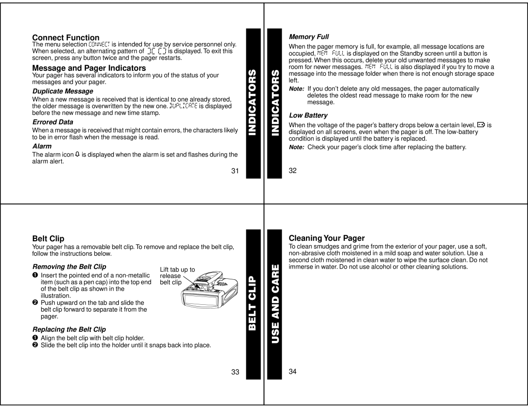 Motorola LS550 manual Connect Function, Message and Pager Indicators, Belt Clip, Cleaning Your Pager 