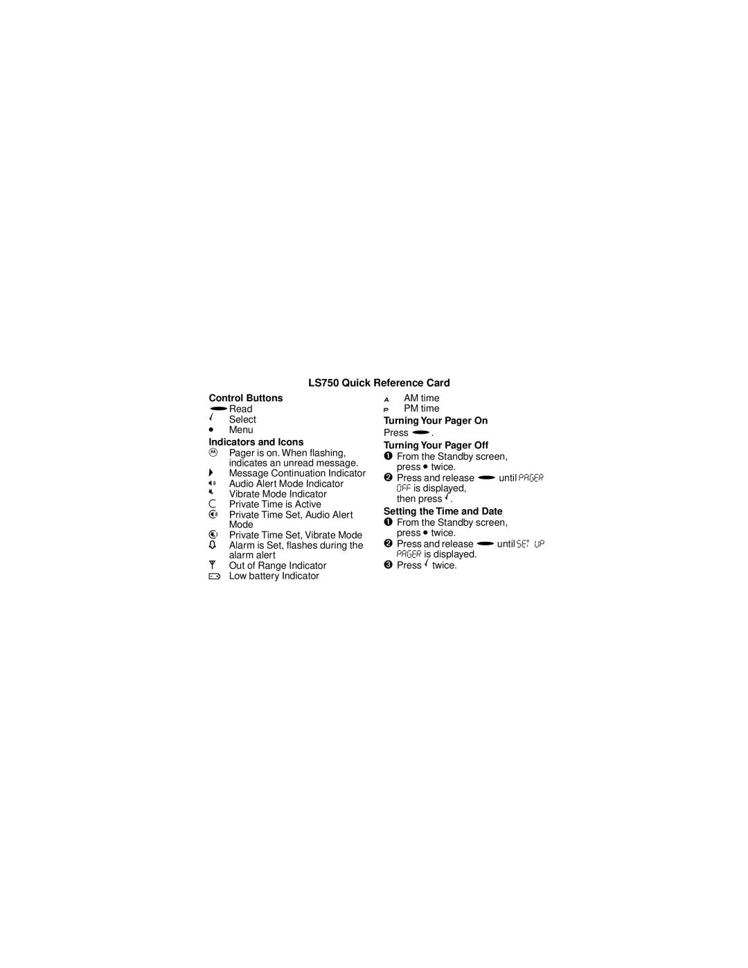 Motorola manual LS750 Quick Reference Card Control Buttons 