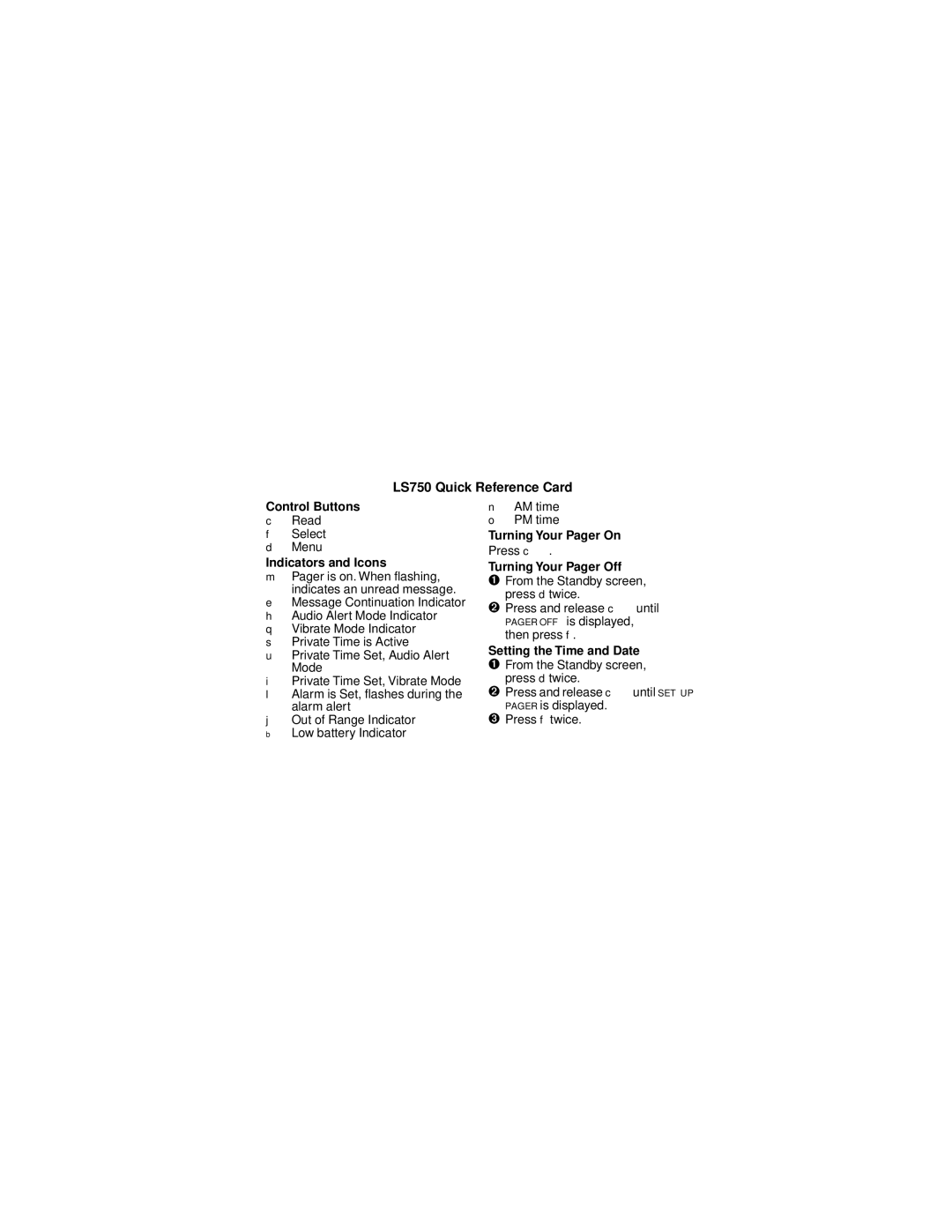 Motorola manual LS750 Quick Reference Card Control Buttons 