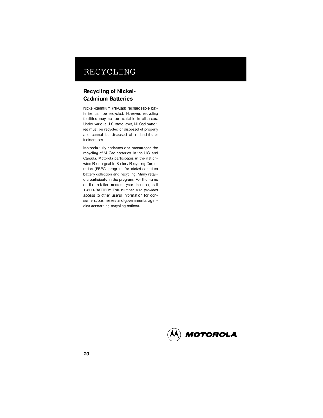 Motorola M-Series owner manual Recycling of Nickel Cadmium Batteries 