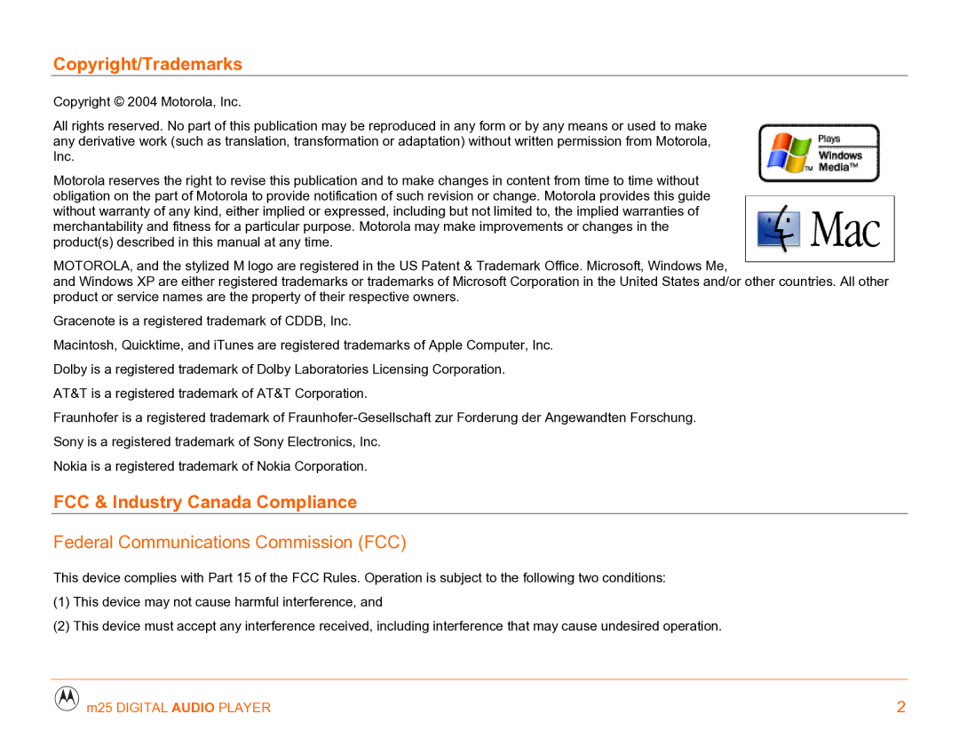 Motorola m25 manual Copyright/Trademarks, FCC & Industry Canada Compliance, Federal Communications Commission FCC 