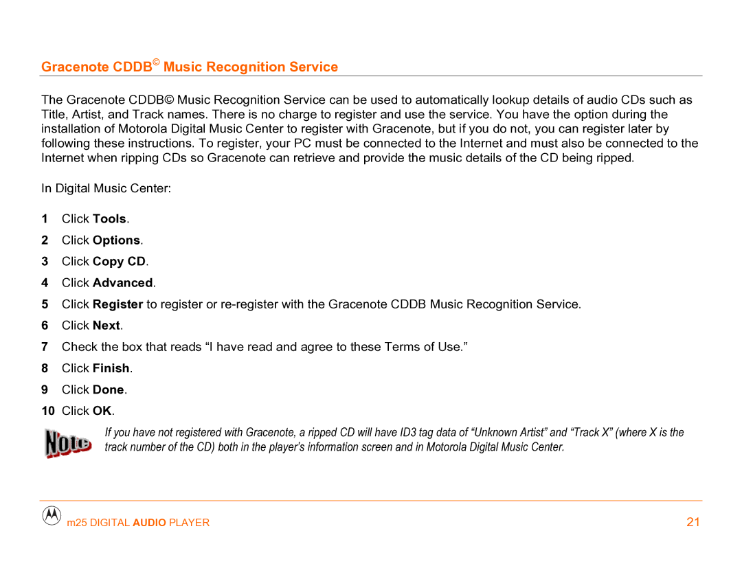 Motorola m25 manual Gracenote Cddb Music Recognition Service, Click Advanced 