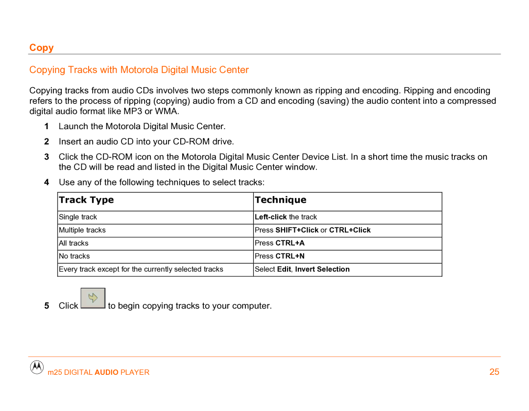 Motorola m25 manual Copying Tracks with Motorola Digital Music Center 