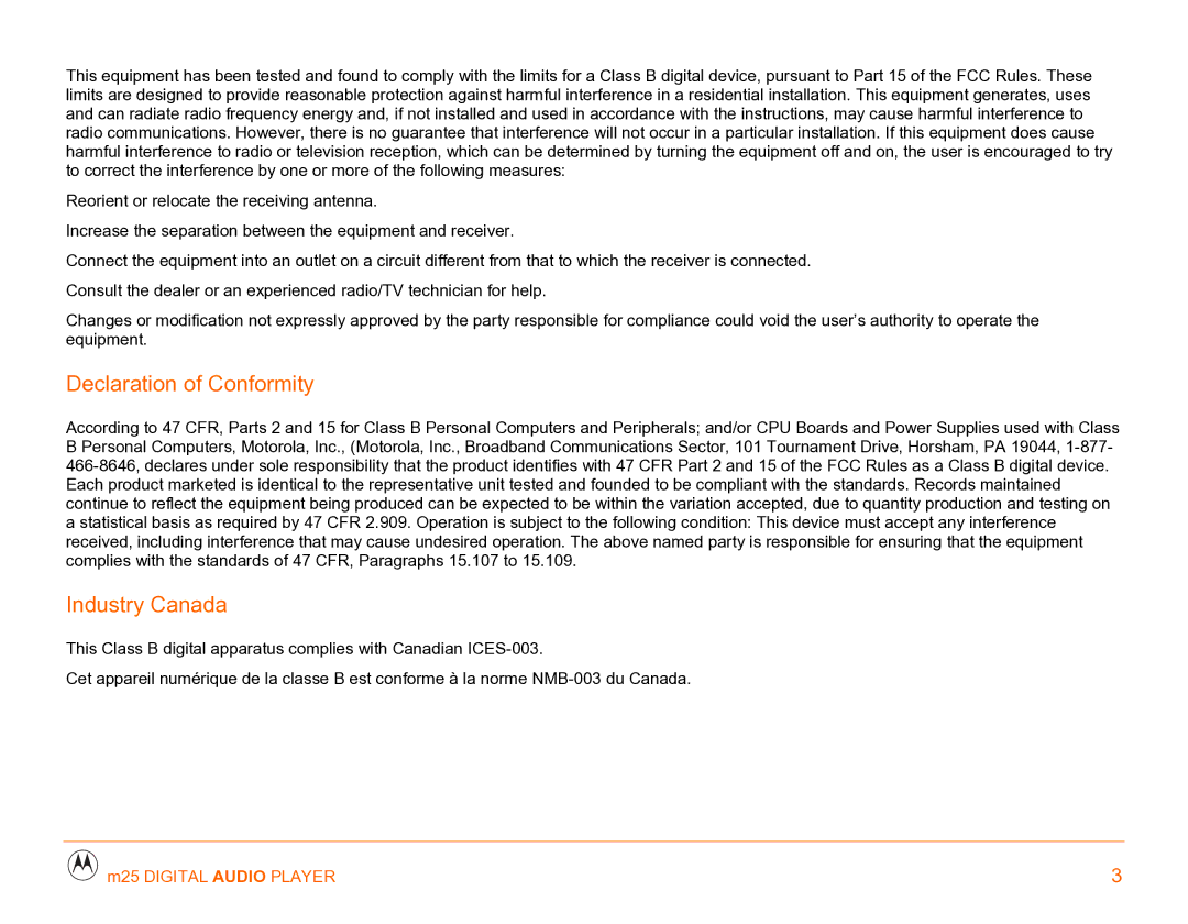 Motorola m25 manual Declaration of Conformity, Industry Canada 