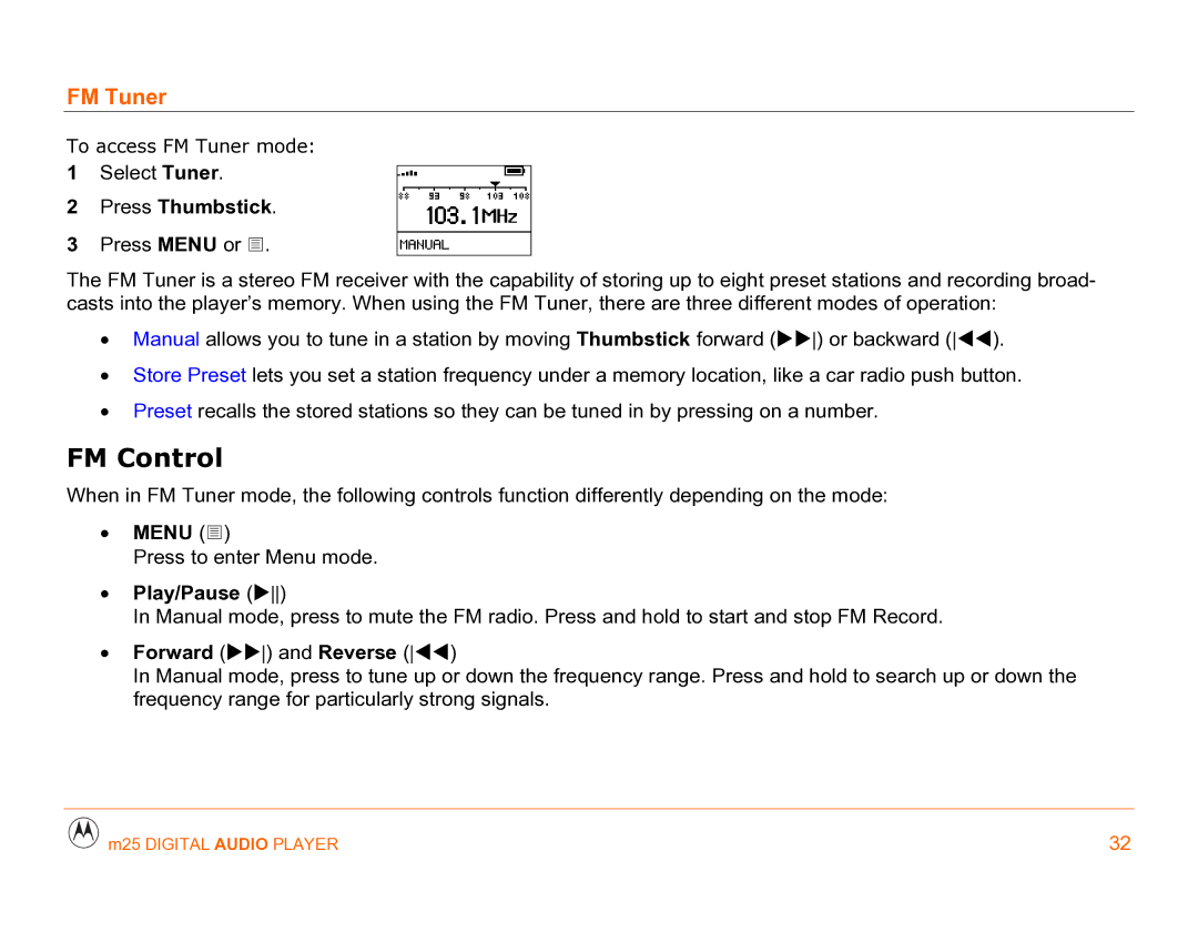 Motorola m25 manual FM Control, FM Tuner, Press Thumbstick, Forward and Reverse 