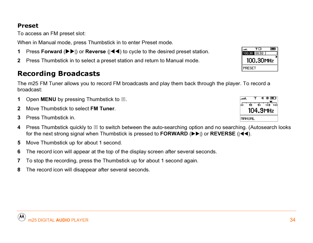 Motorola m25 manual Recording Broadcasts, Press Forward Or Reverse 