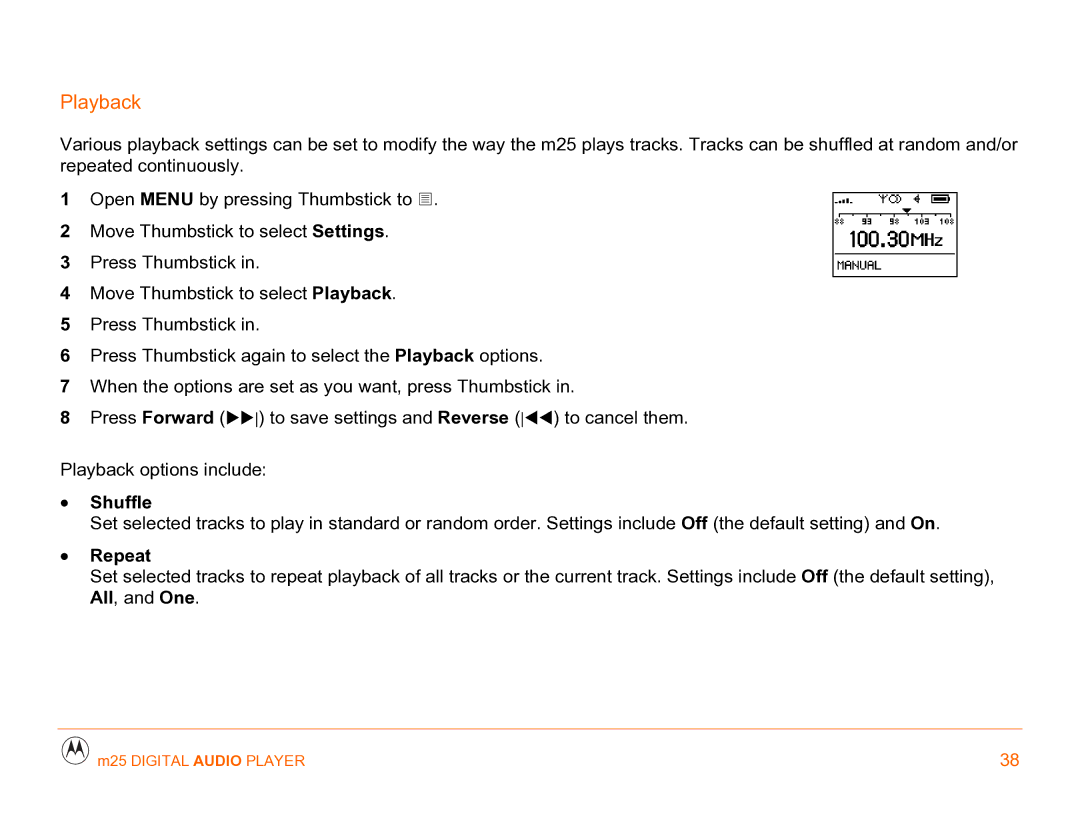 Motorola m25 manual Playback, Shuffle, Repeat 