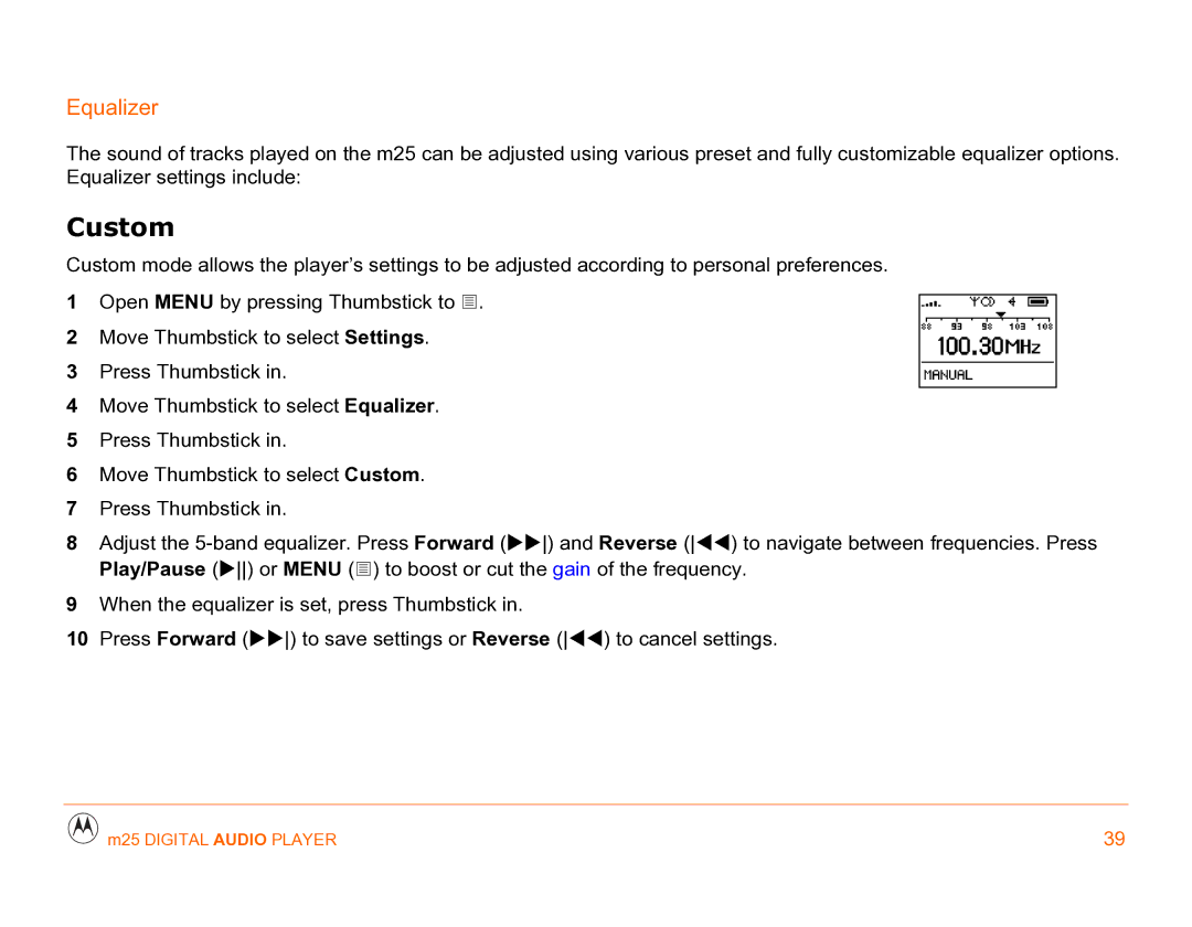 Motorola m25 manual Custom, Equalizer, Press Forward 