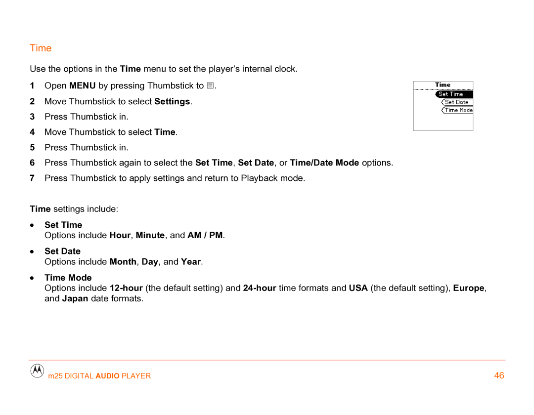 Motorola m25 manual Set Time, Set Date, Time Mode 