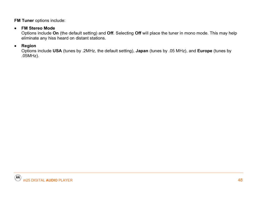 Motorola m25 manual FM Stereo Mode, Region 