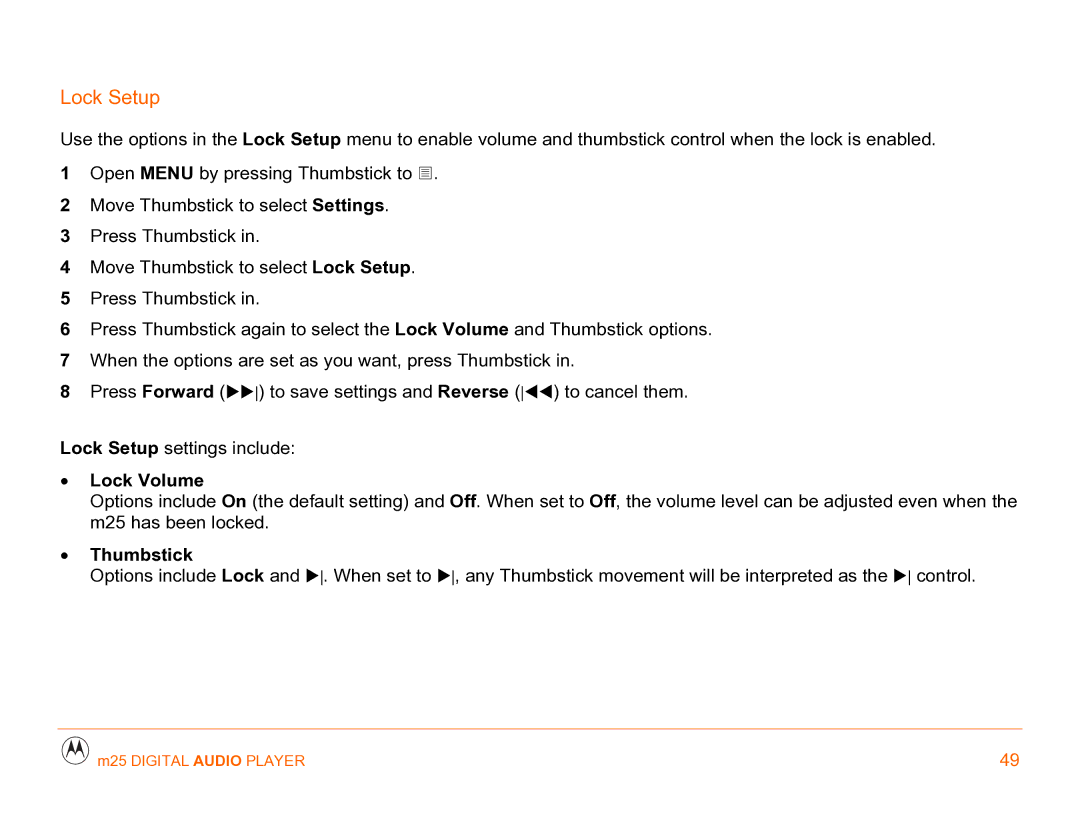 Motorola m25 manual Lock Setup, Lock Volume 