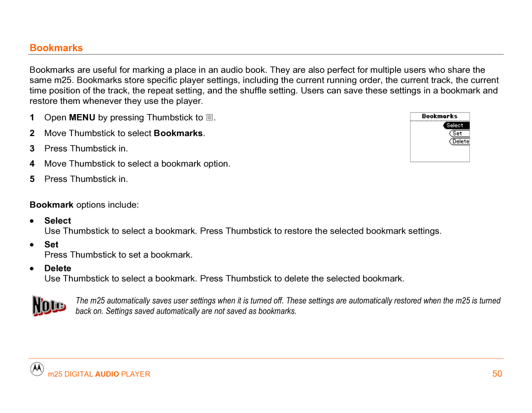 Motorola m25 manual Bookmarks, Select, Set, Delete 