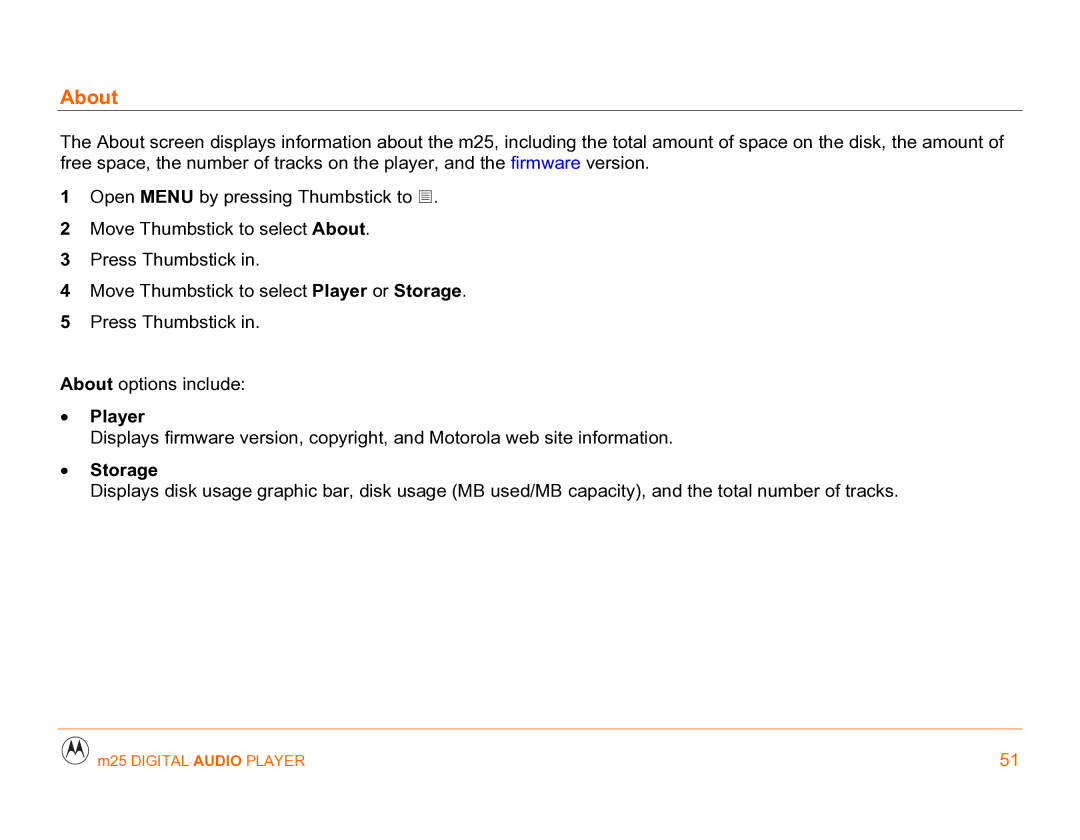 Motorola m25 manual About, Player, Storage 