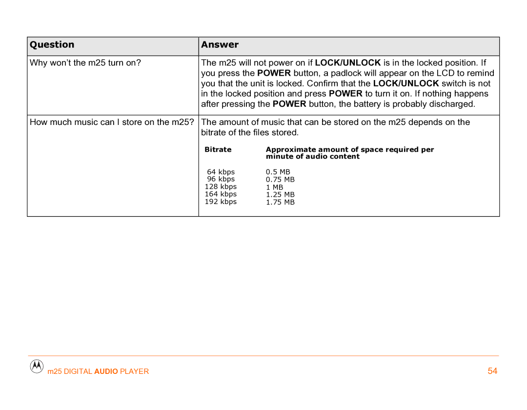 Motorola m25 manual Bitrate 