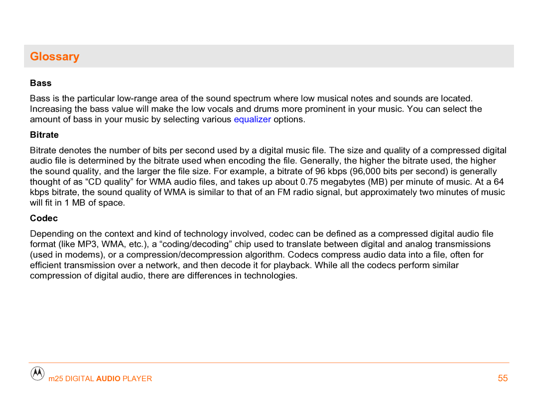 Motorola m25 manual Glossary, Bass, Bitrate, Codec 