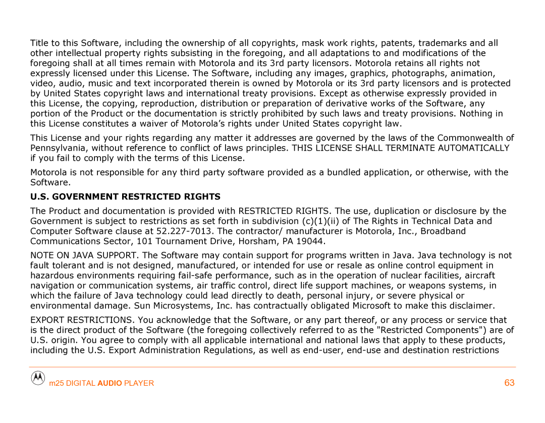 Motorola m25 manual Government Restricted Rights 