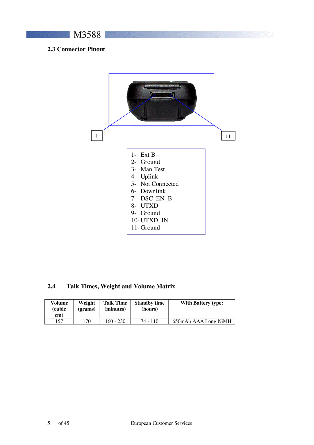 Motorola M3588 service manual Connector Pinout, Talk Times, Weight and Volume Matrix 