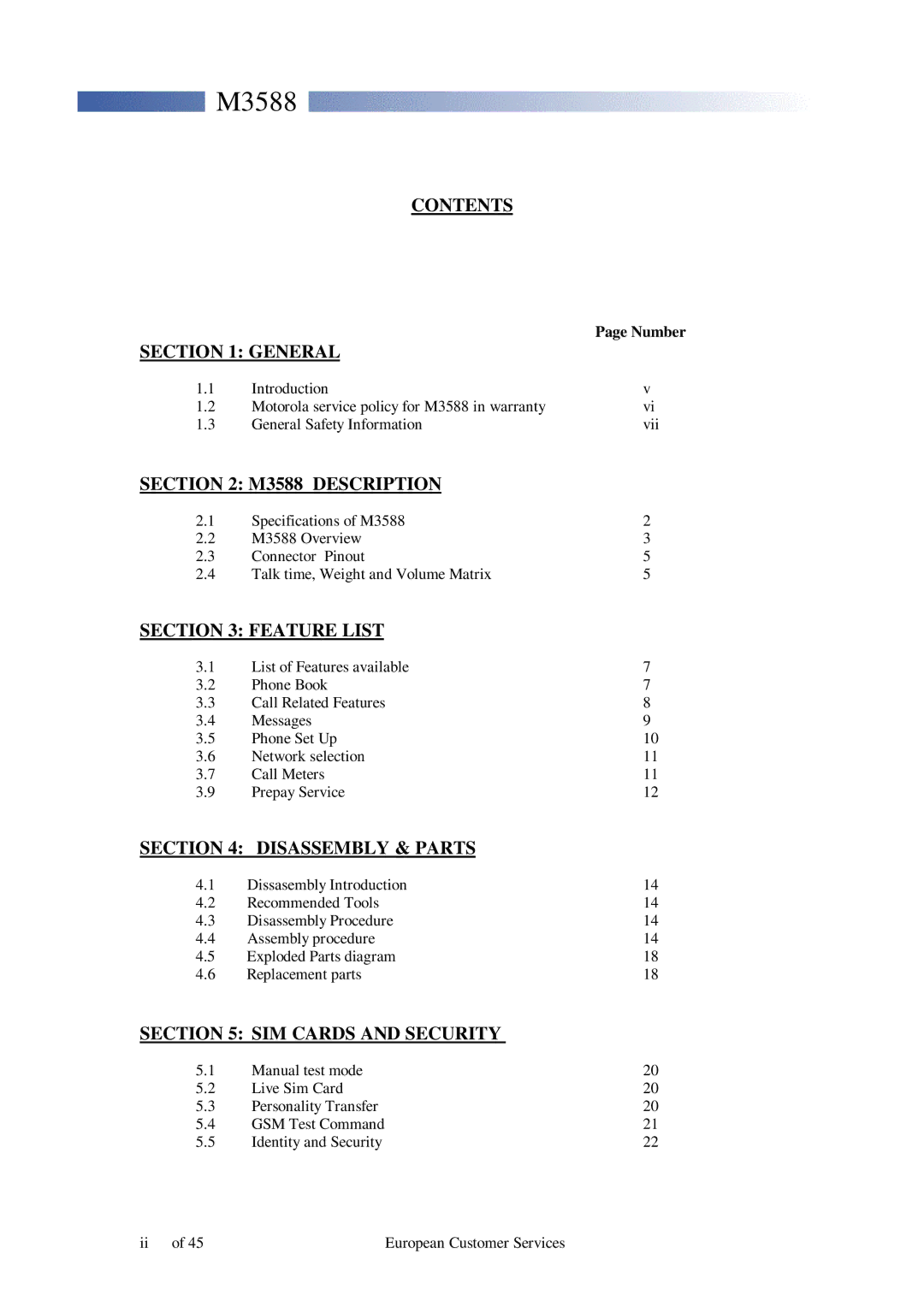 Motorola service manual Contents General, M3588 Description, Feature List, Disassembly & Parts, SIM Cards and Security 