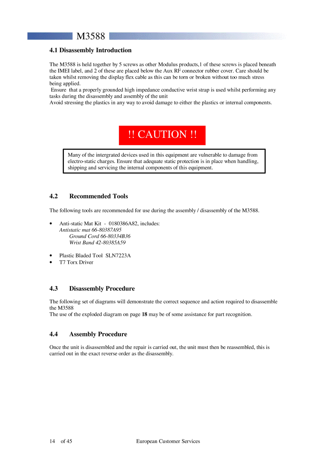 Motorola M3588 service manual Disassembly Introduction, Recommended Tools, Disassembly Procedure, Assembly Procedure 