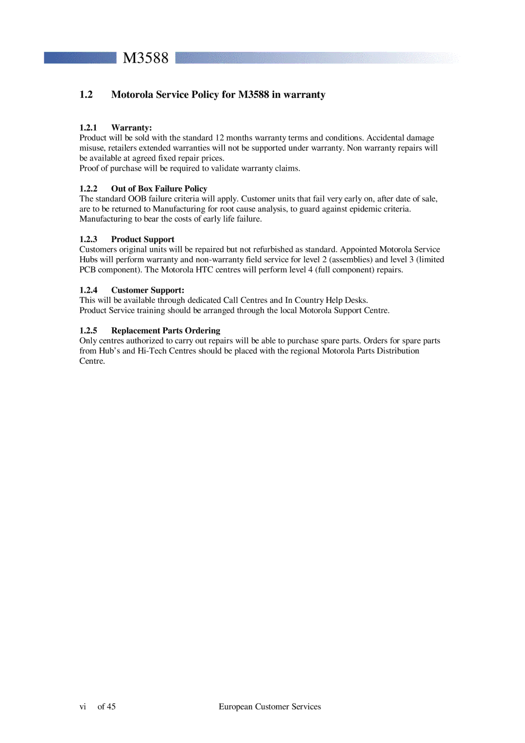 Motorola service manual Motorola Service Policy for M3588 in warranty, Warranty 