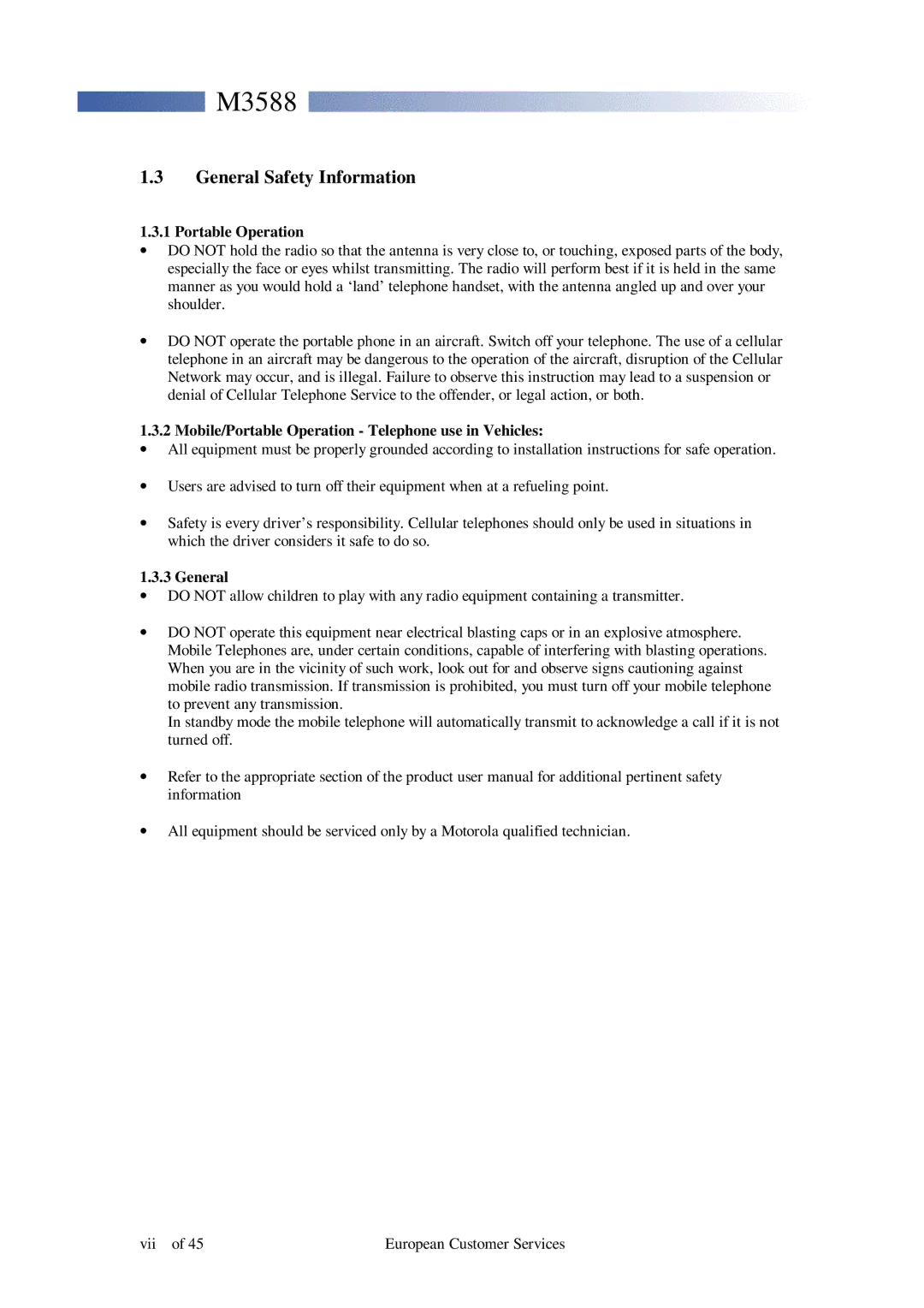 Motorola M3588 service manual General Safety Information, Portable Operation 