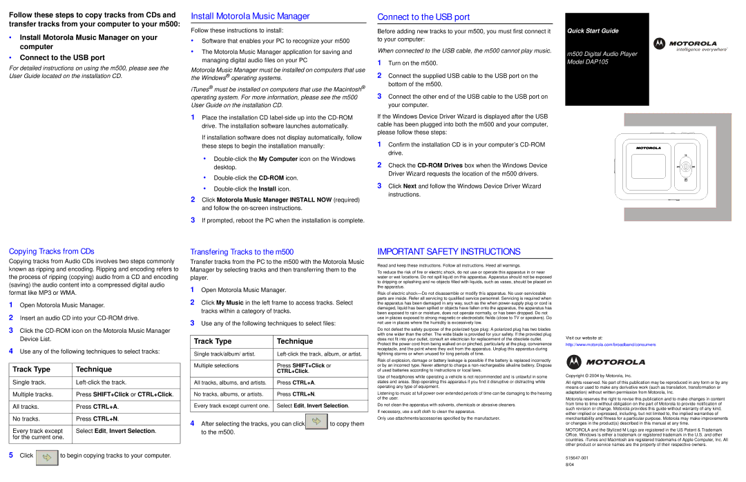 Motorola m500 Install Motorola Music Manager, Connect to the USB port, Copying Tracks from CDs, Track Type Technique 