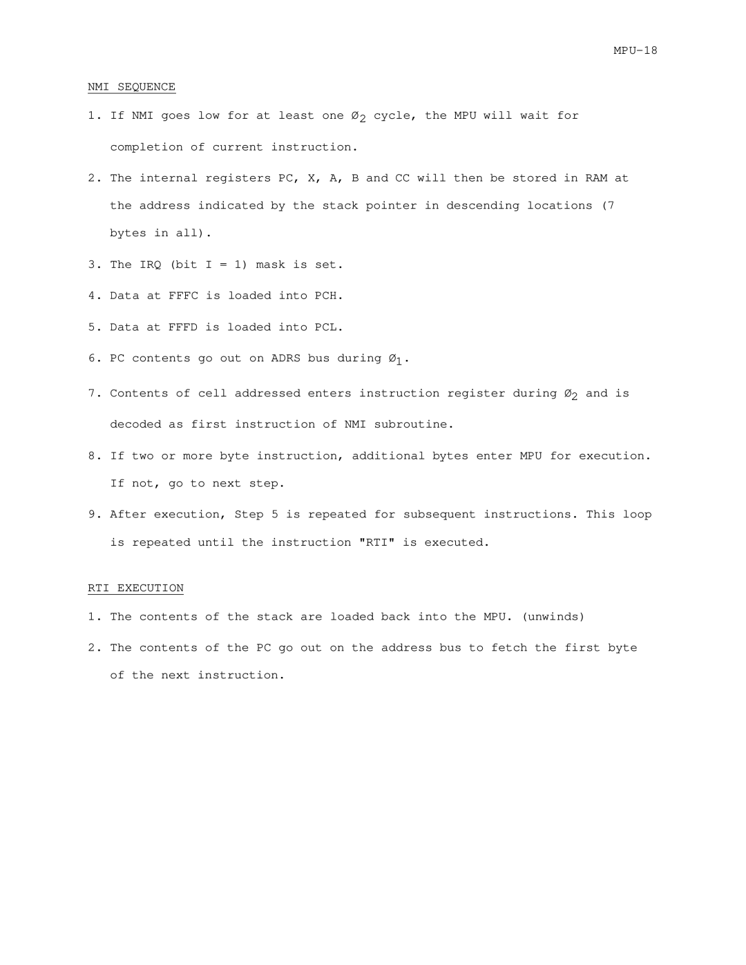 Motorola M6800 manual NMI Sequence, RTI Execution 