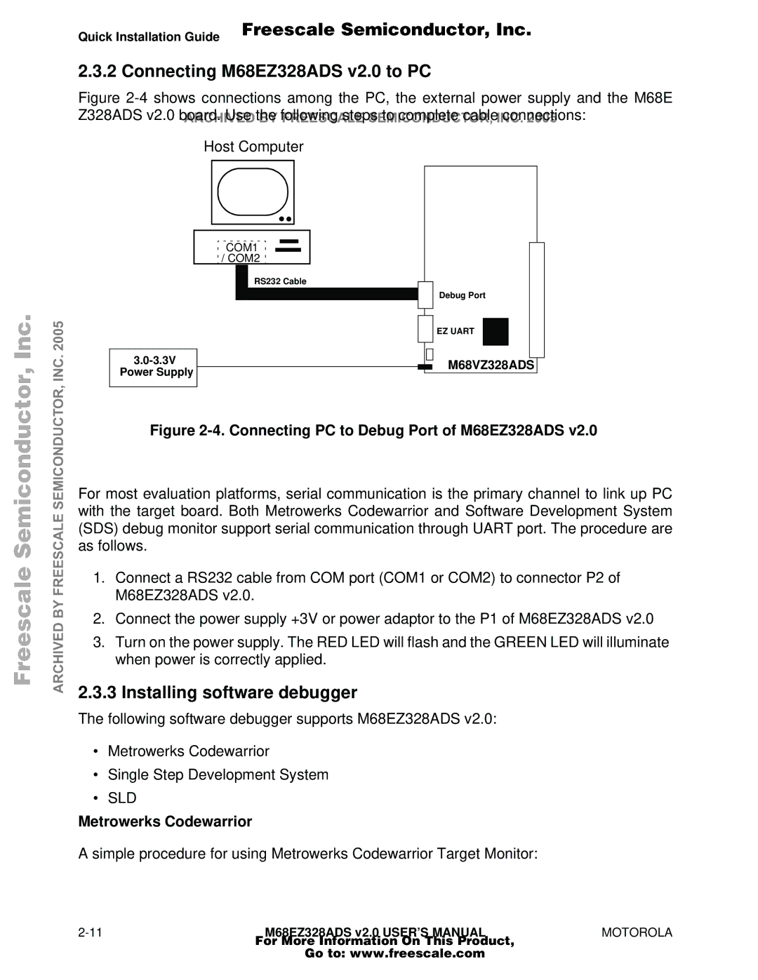 Motorola user manual Connecting M68EZ328ADS v2.0 to PC, Installing software debugger, Metrowerks Codewarrior 