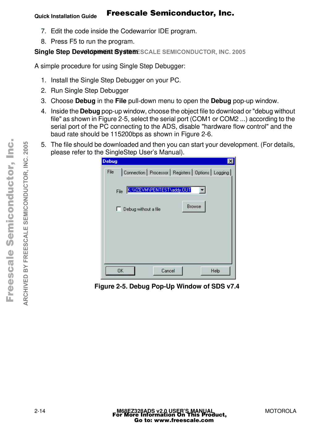 Motorola M68EZ328ADS user manual Debug Pop-Up Window of SDS 