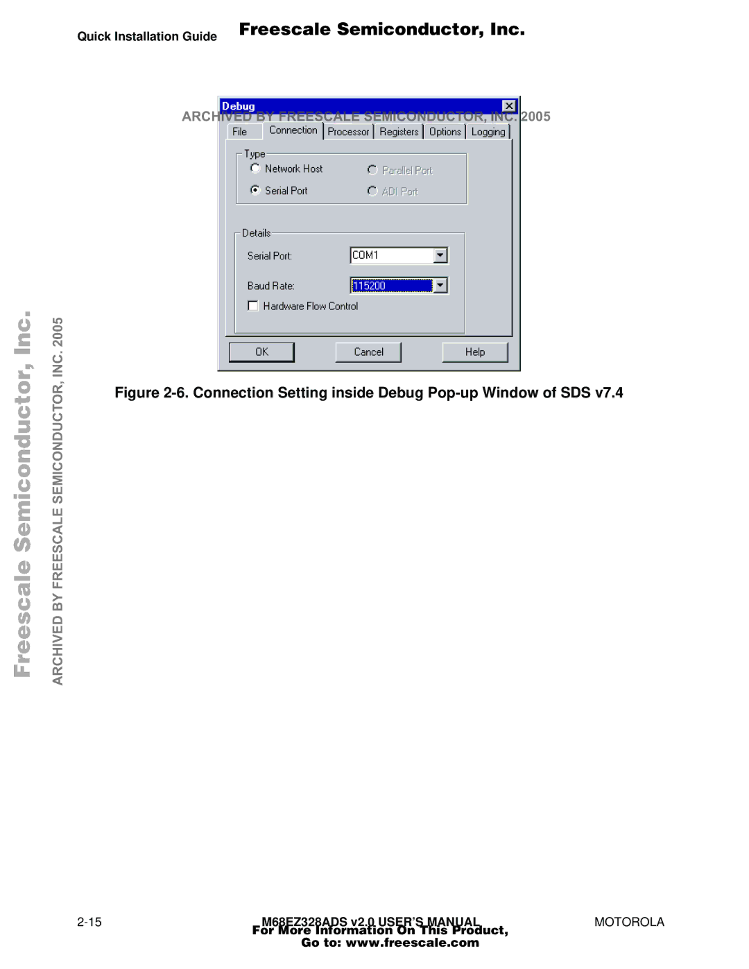 Motorola M68EZ328ADS user manual Connection Setting inside Debug Pop-up Window of SDS 