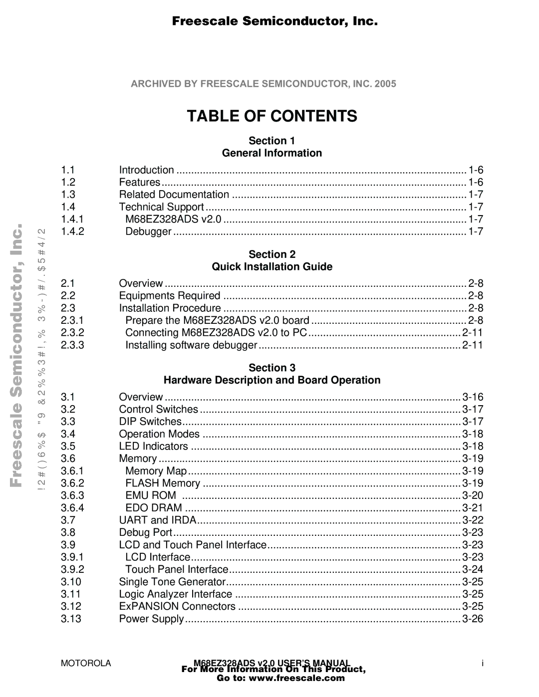 Motorola M68EZ328ADS user manual Table of Contents 