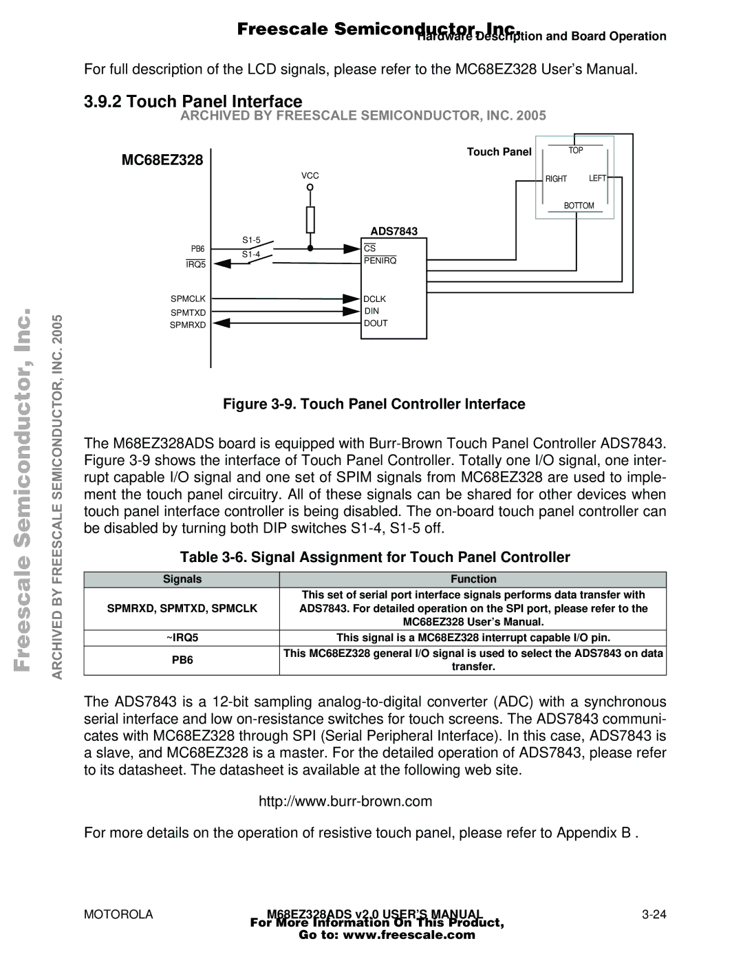 Motorola M68EZ328ADS user manual Touch Panel Interface, Signal Assignment for Touch Panel Controller 