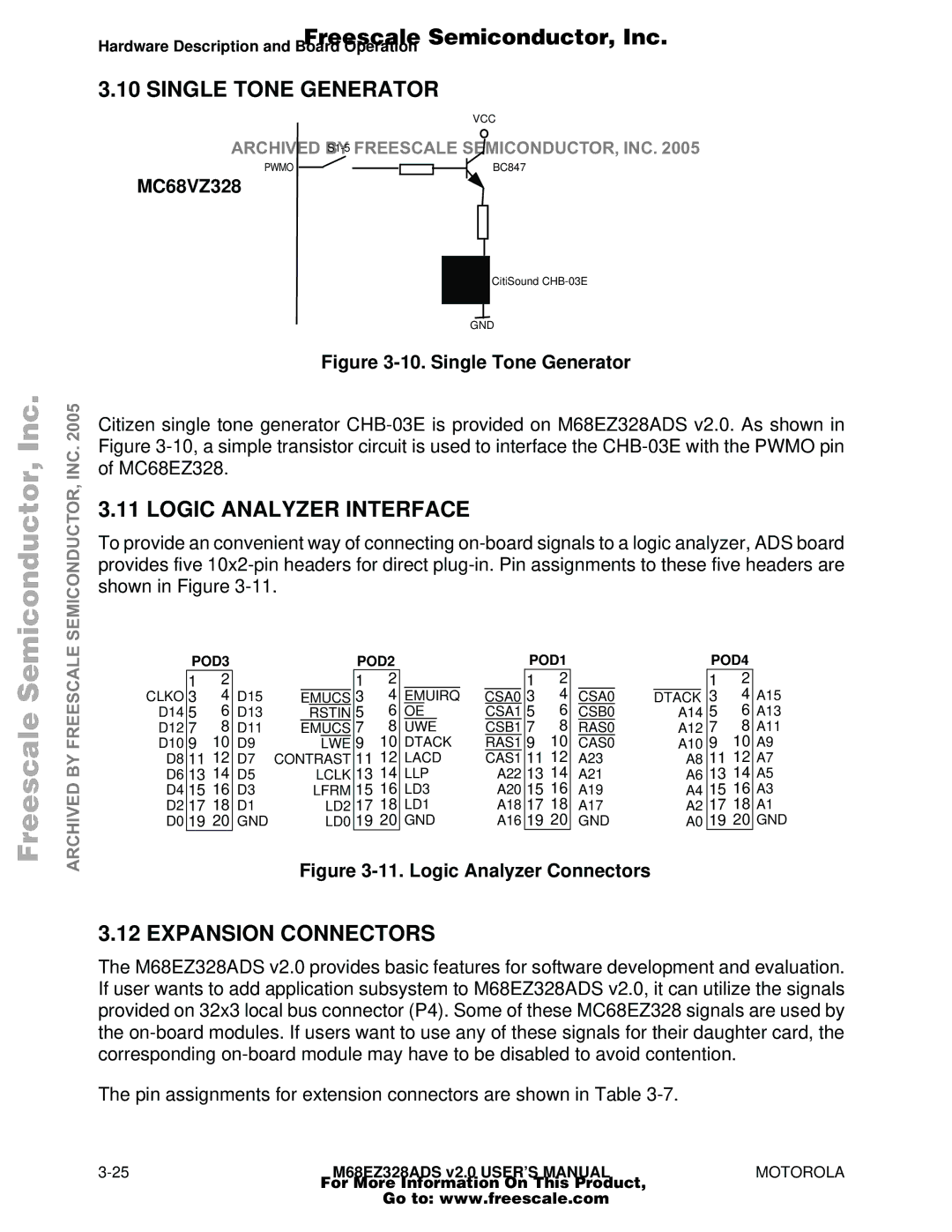 Motorola M68EZ328ADS user manual Single Tone Generator, Logic Analyzer Interface, Expansion Connectors 