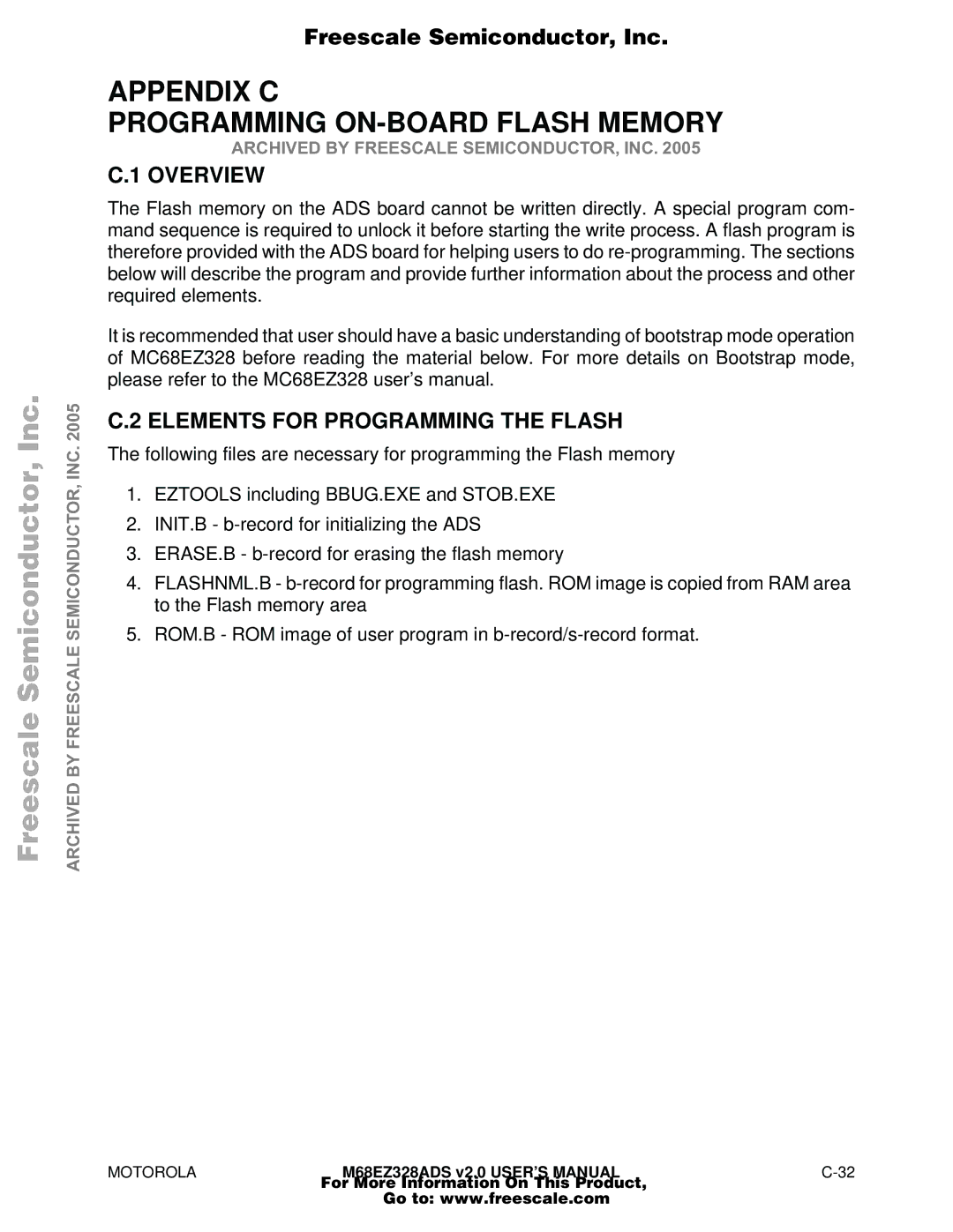 Motorola M68EZ328ADS user manual Appendix C Programming ON-BOARD Flash Memory, Elements for Programming the Flash 