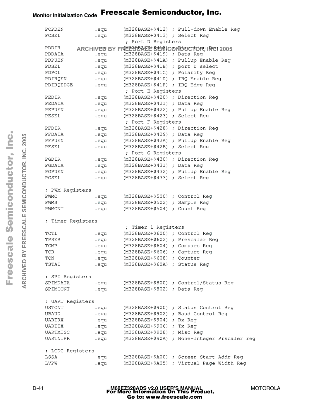 Motorola M68EZ328ADS user manual Monitor Initialization Code Freescale Semiconductor, Inc 