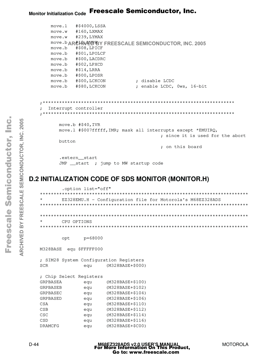 Motorola M68EZ328ADS user manual Initialization Code of SDS Monitor MONITOR.H 