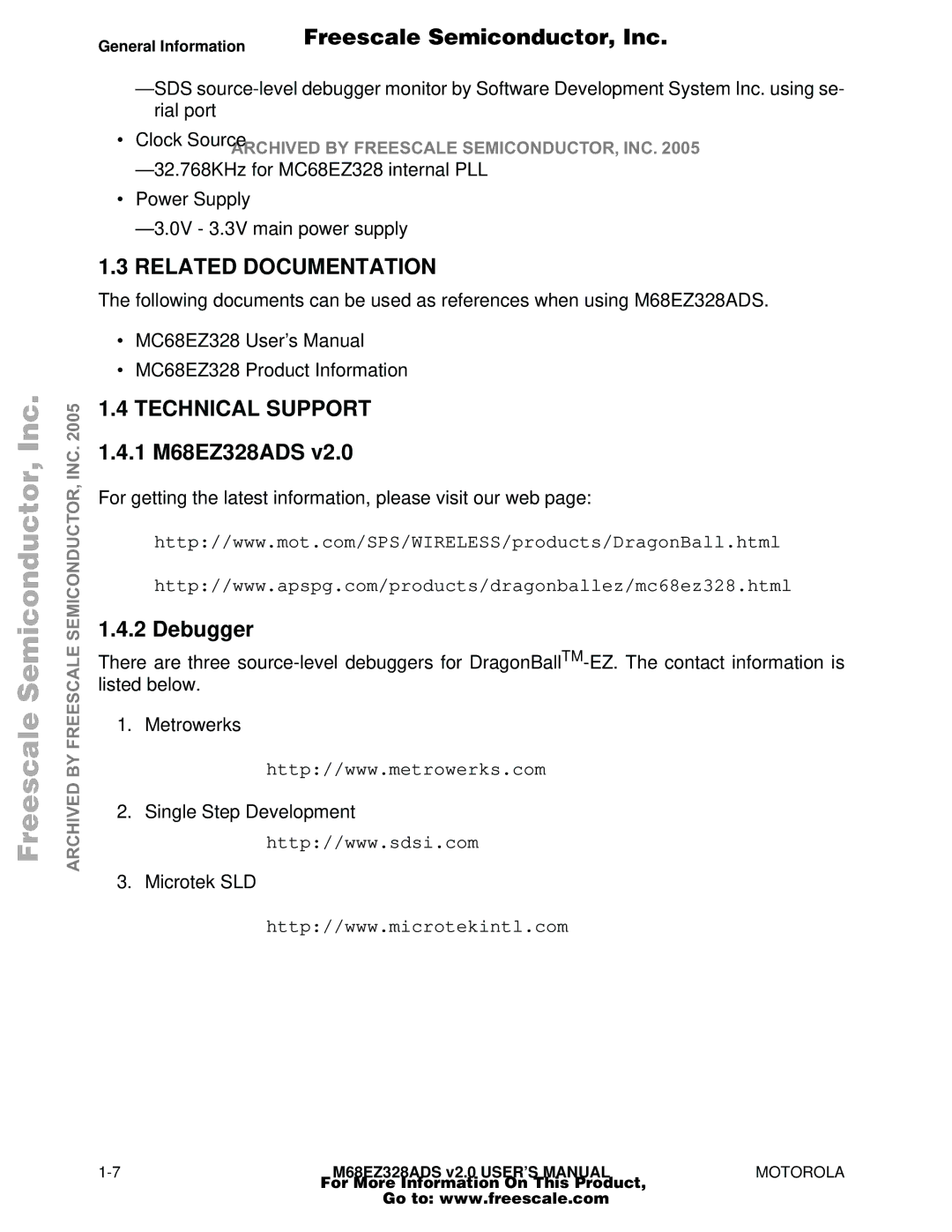 Motorola user manual Related Documentation, Technical Support 1.4.1 M68EZ328ADS, Debugger 