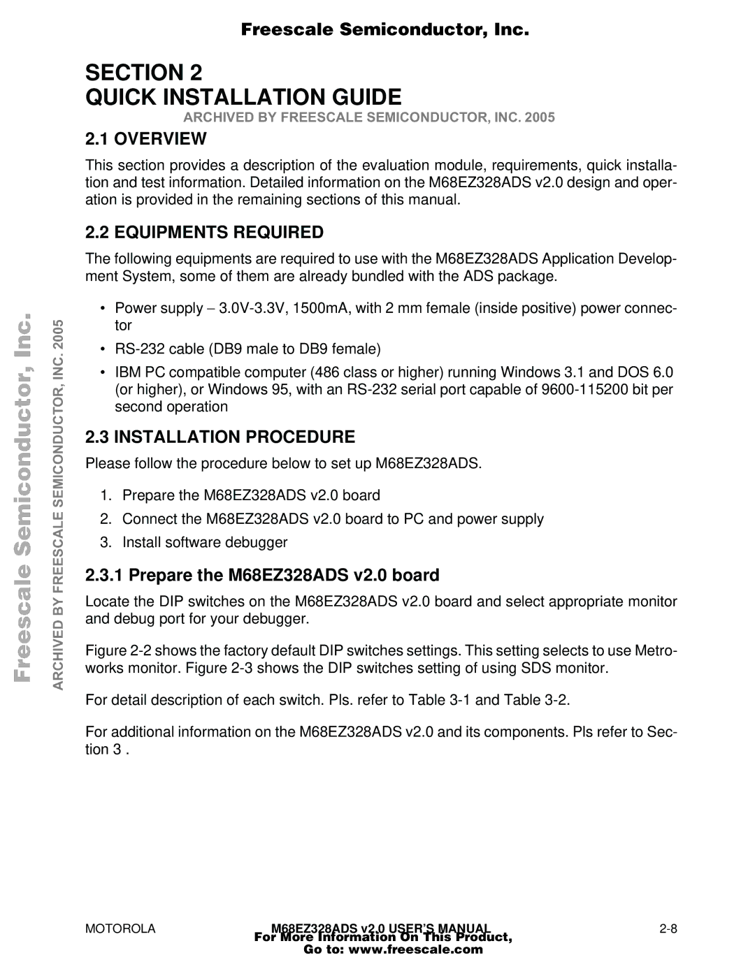 Motorola M68EZ328ADS user manual Section Quick Installation Guide, Overview, Equipments Required, Installation Procedure 