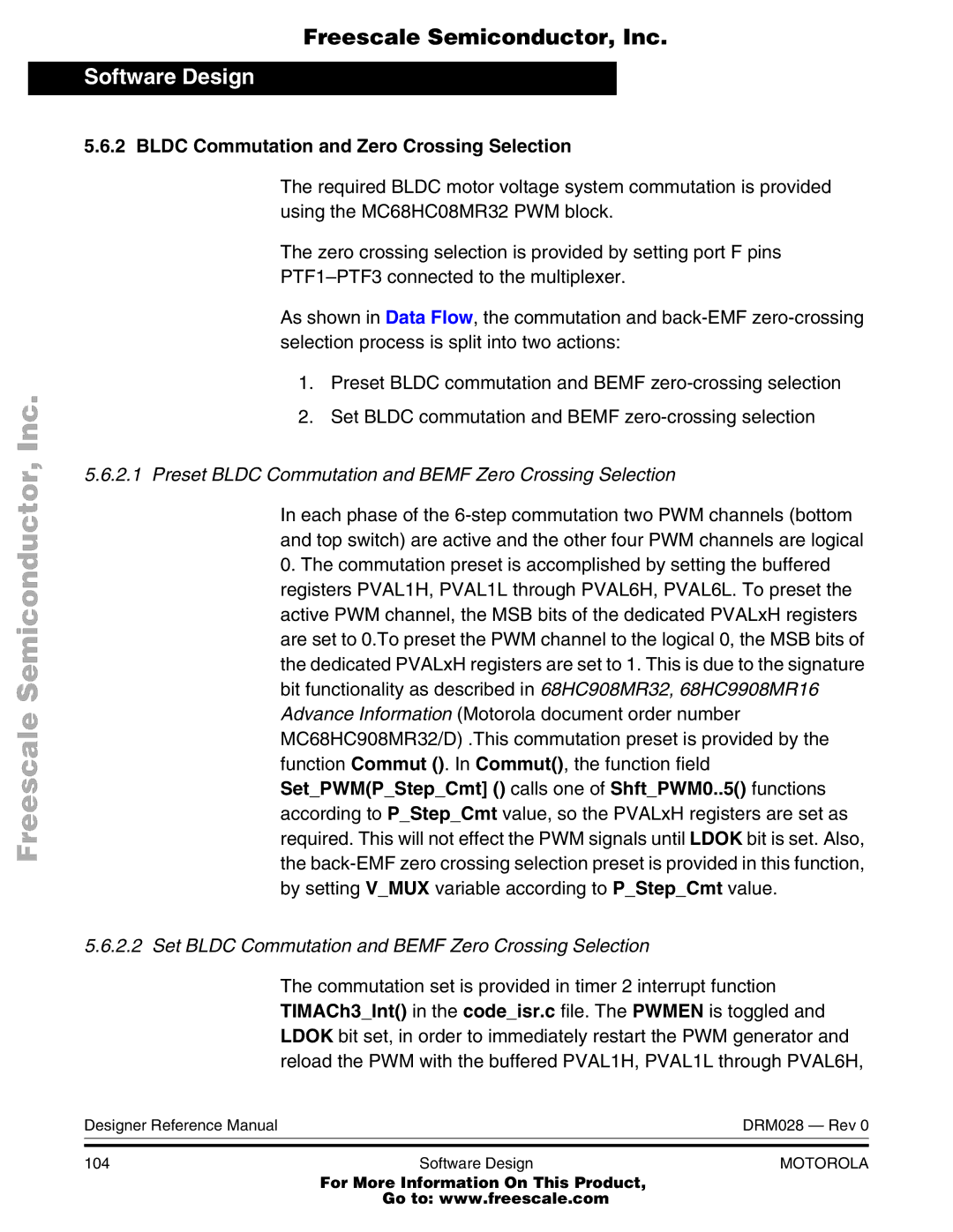 Motorola M68HC08 Bldc Commutation and Zero Crossing Selection, Preset Bldc Commutation and Bemf Zero Crossing Selection 