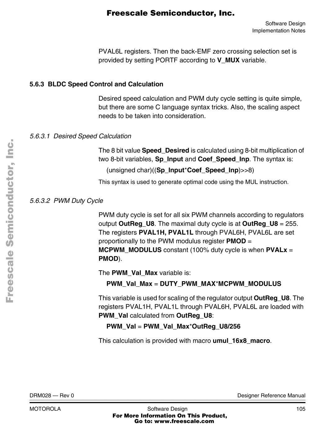 Motorola M68HC08 manual Bldc Speed Control and Calculation, Desired Speed Calculation, PWM Duty Cycle 