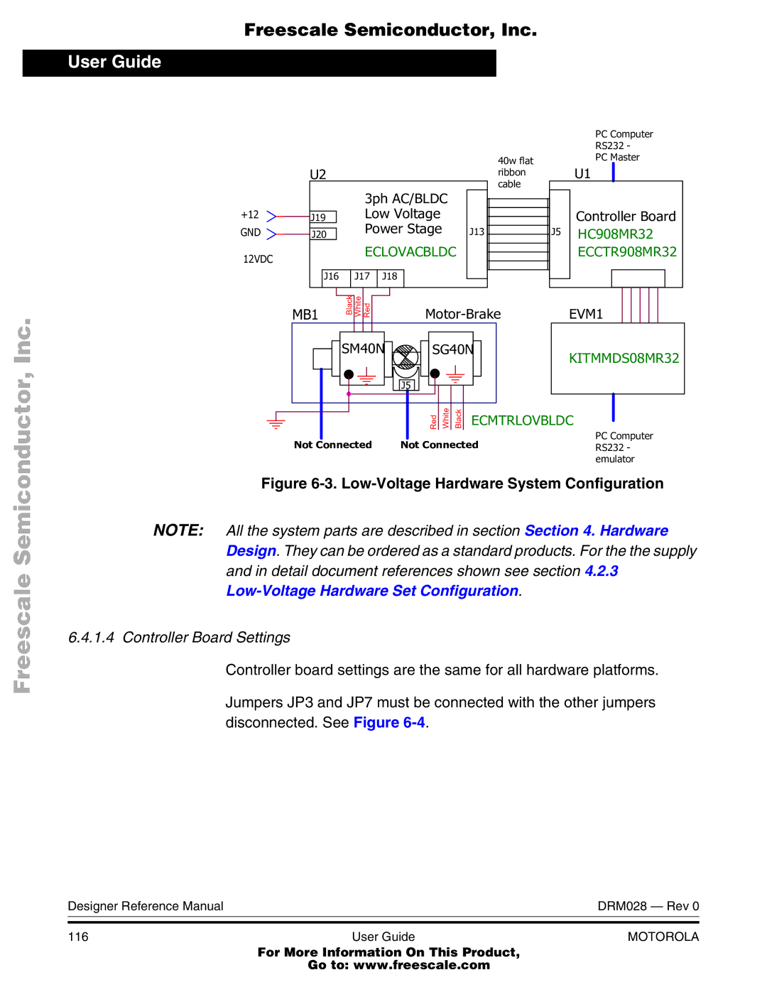 Motorola M68HC08 manual Low-Voltage Hardware System Configuration, Controller Board Settings 