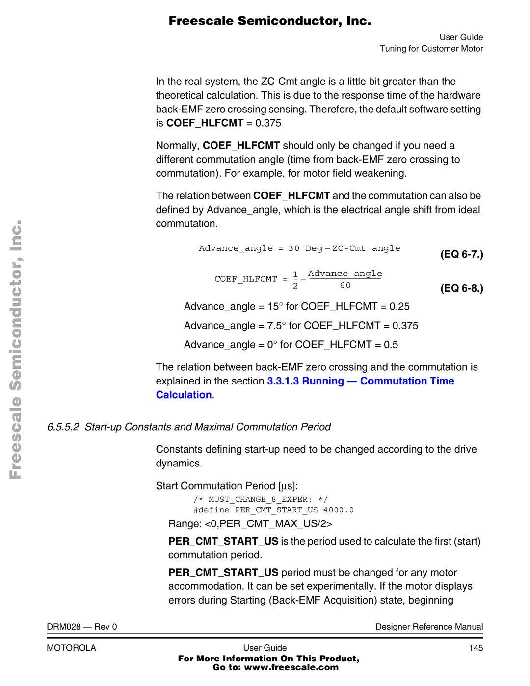 Motorola M68HC08 manual Start-up Constants and Maximal Commutation Period 