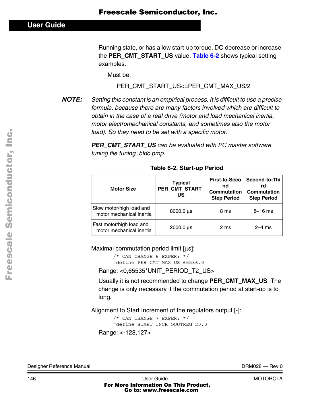 Motorola M68HC08 manual Start-up Period, Maximal commutation period limit ∝s, Range -128,127 