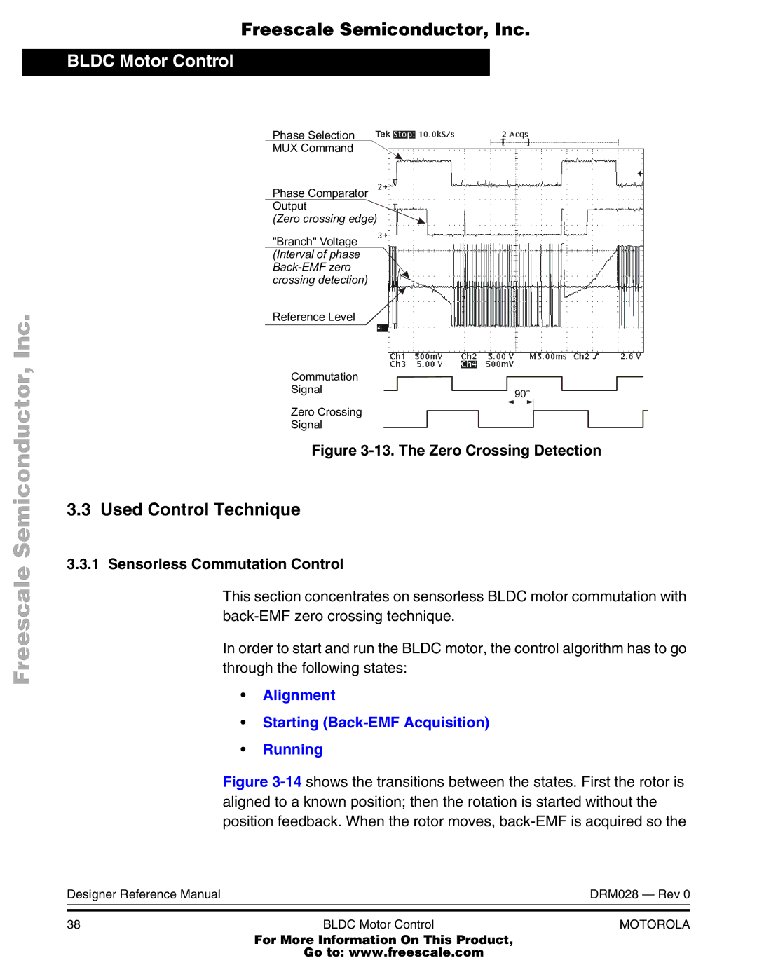 Motorola M68HC08 Used Control Technique, Sensorless Commutation Control, Alignment Starting Back-EMF Acquisition Running 