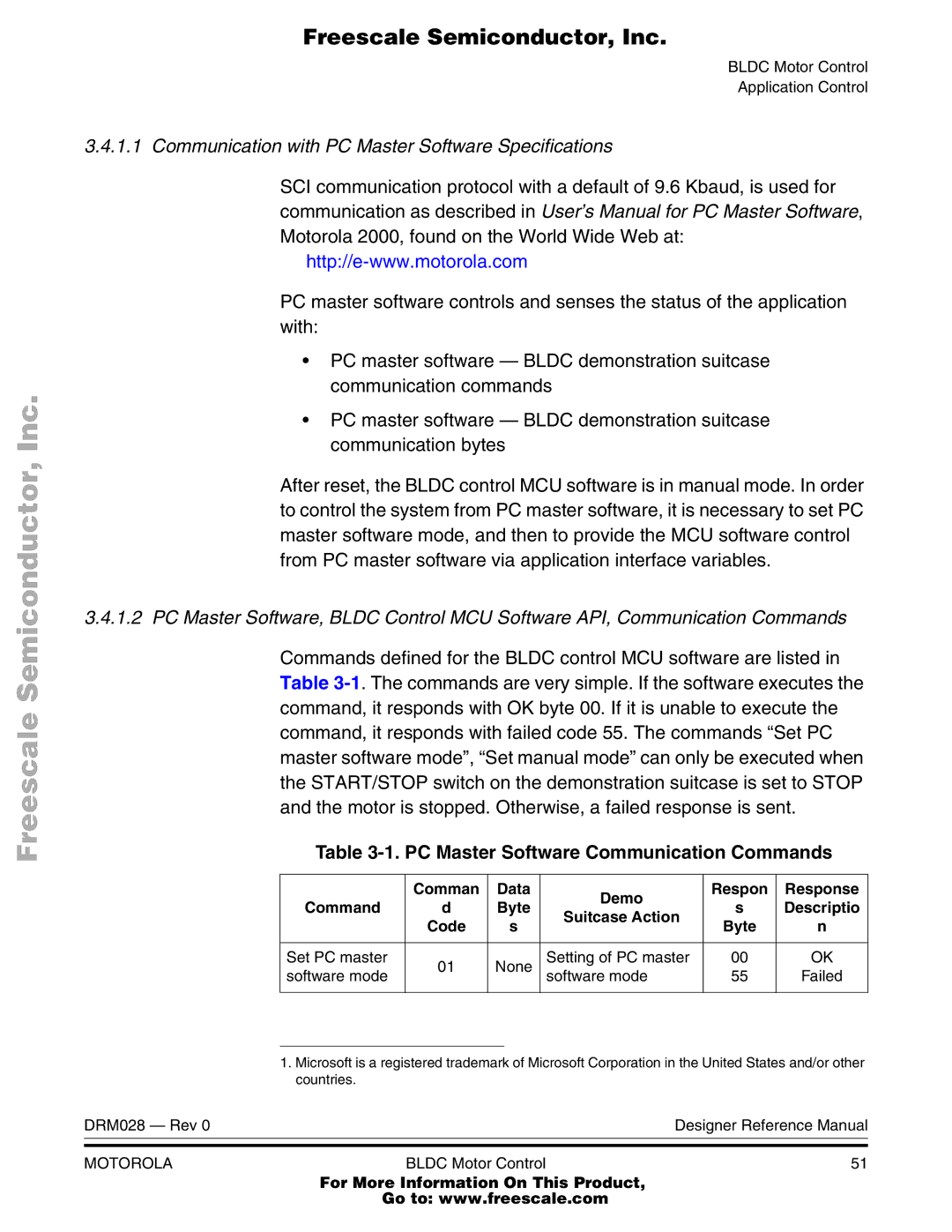 Motorola M68HC08 manual Communication with PC Master Software Specifications, PC Master Software Communication Commands 