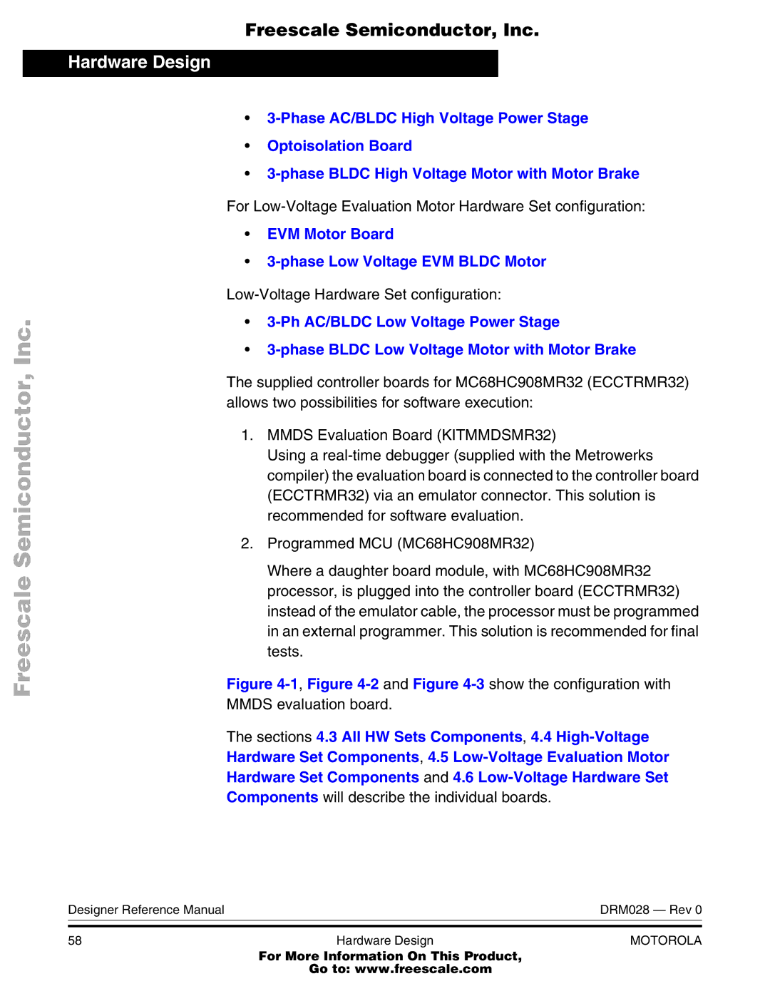 Motorola M68HC08 manual For Low-Voltage Evaluation Motor Hardware Set configuration, Low-Voltage Hardware Set configuration 